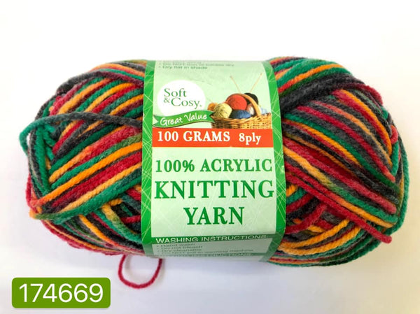 Knitting Yarn Multi Colour Grey Red Green Orange 100g