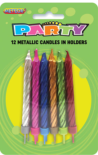 Birthday Candles Metallic w/Base 12pk