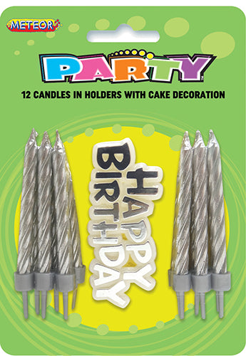 Birthday Candles 12pk w/Birthday Sign Silver