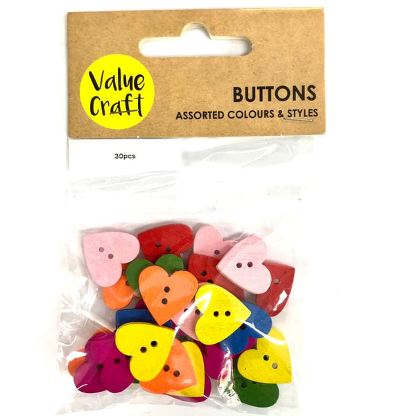 Wooden Button Hearts 15mm 30pc